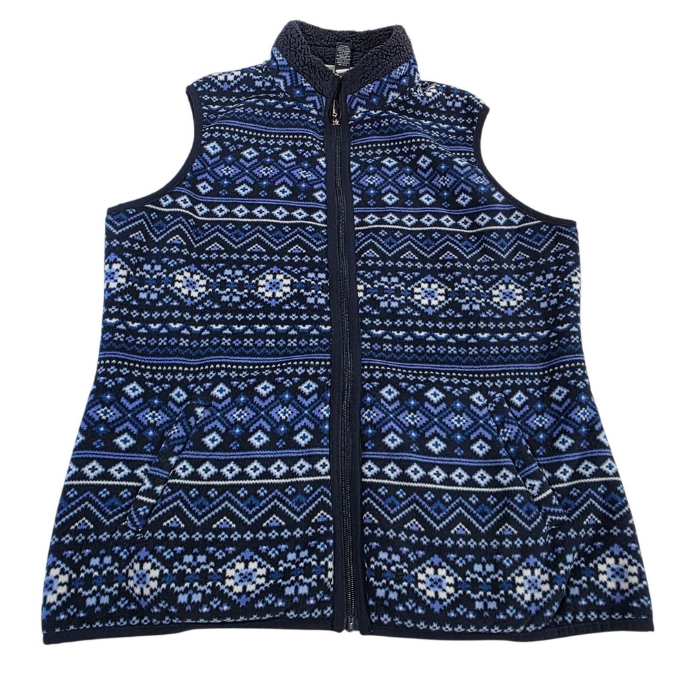 Karen Scott Full Zip Fleece Vest Fair Isle Print Blue White Medium Winter Warm